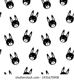 Seamless pattern with cute bunny faces. Simle black silhouettes on white background. Vector illustration.