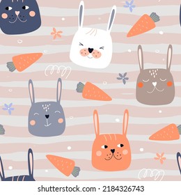 Seamless pattern with cute bunny faces. Baby rabbits with carrots and flowers. Summer simple abstract print. Vector graphics.