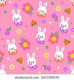 Seamless pattern with cute bunny faces, bows and flowers. Vector graphics