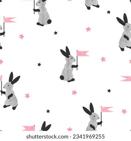 Seamless pattern with cute bunny and flags. Vector rabbits illustration. Nursery design