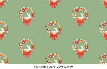 Seamless pattern with cute bunny in floral wreath. Spring print for textiles, wallpaper, fabric, design of things and objects. Easter background. Flat vector illustration in hand drawn style