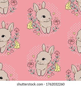 Seamless Pattern cute bunny and flowers. Vector illustration. Childish print design for nursery, t-shirt, textile, background. 