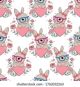 Seamless Pattern cute bunny and flowers. Vector illustration. Childish print design for nursery, t-shirt, textile, background. 