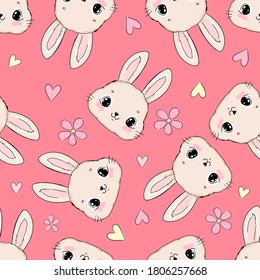 Seamless pattern cute bunny and flowers on a pink background vector illustration