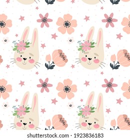 Seamless pattern with cute bunny and flowers. Vector illustration.