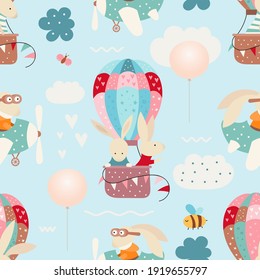 Seamless pattern. Cute bunny flying on the air balloon, aerostat and plane. Vector kids illustration for nursery design. Rabbits pattern for baby clothes, wrapping paper.