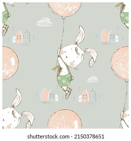 Seamless pattern with cute Bunny flying on air balloon. Hand drawn vector illustration 