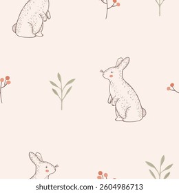 Seamless pattern with cute bunny in the forest. Hand drawn vector illustration. For kids