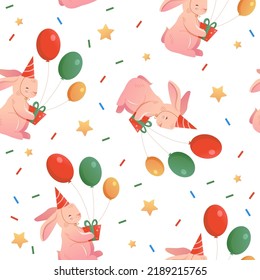 Seamless Pattern with Cute Bunny, Gift Box, Balloons, Stars, Сonfetti. Happy Birthday background. 
Childish illustration. Baby fabric design.