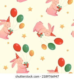 Seamless Pattern with Cute Bunny, Gift Box, Balloons, Stars, Happy Birthday background. Childish illustration. Baby fabric design.