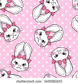 Seamless pattern with cute bunny girl on polka dot background. Design element for apparel, fabric, textile, wallpaper, wrapping paper. Vector illustration.