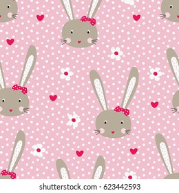 Seamless pattern with cute bunny girls. Wrapping paper, scrapbook paper patern. Kids girl design.