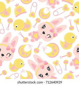 Seamless pattern of cute bunny girls and baby shower items vector cartoon illustration for baby shower wrapping paper, fabric clothes, and wallpaper