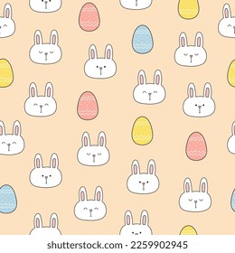 Seamless pattern with cute bunny heads and Easter eggs on pink background. Template for baby design, Easter decor. Vector illustration