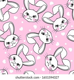 Seamless pattern with cute bunny and hearts on pink background. Design element for apparel, fabric, textile, wallpaper, wrapping paper. Vector illustration.