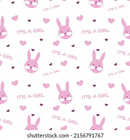 Seamless pattern with cute bunny and hearts for the birth of a girl. Vector illustration in pastel blue colours. For use in textiles, prints, invitations, children parties, packaging and covers.