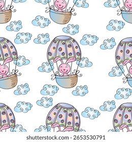 Seamless pattern with cute bunny in hot air balloon. Vector illustration.