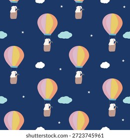 Padrão contínuo com coelho bonito em balão de ar quente no céu escuro, ilustração de berçário
