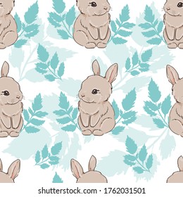 Seamless Pattern cute bunny and leaves. Vector illustration. Childish print design for nursery, t-shirt, textile, background. 