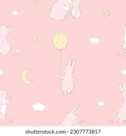 Seamless pattern with a cute bunny and mom in pastel colors. Baby Rabbit pattern doodle moon and stars. Can be used for t-shirt print, kids wear fashion design, baby shower invitation card