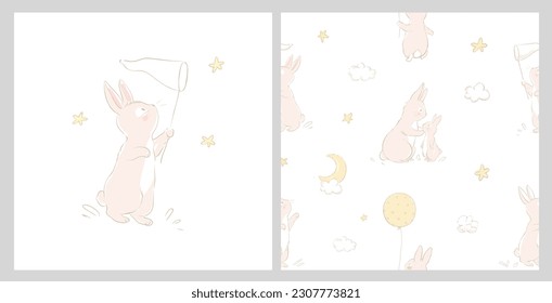 Seamless pattern with a cute bunny and mom in pastel colors. Baby Rabbit pattern doodle moon and stars. Can be used for t-shirt print, kids wear fashion design, baby shower invitation card