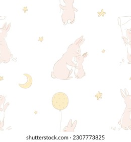 Seamless pattern with a cute bunny and mom in pastel colors. Baby Rabbit pattern doodle moon and stars. Can be used for t-shirt print, kids wear fashion design, baby shower invitation card