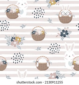 Conejito de patrón sin mangas sobre fondo de pincel a rayas, diseño para rayar reserva, decoración, tarjetas, artículos de papel, fondo, papel de pared, envoltura, tela y todos tus proyectos creativos. Vector