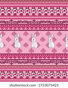 Padrão contínuo, coelho bonito, perfeito para o Dia dos Namorados, expressando amor a um parceiro, aniversário, Dia dos Namorados, tom de vetor rosa com corações que simbolizam o amor.
