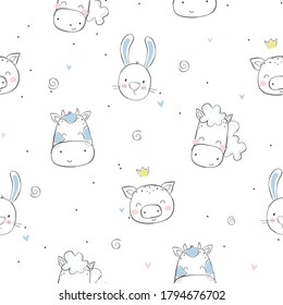 Seamless pattern with cute bunny, pig, horse, cow. Baby animals. Seamless patterns for baby's clothing, nursery wall art, greeting cards, baby shower invites, products for kids and room decor.