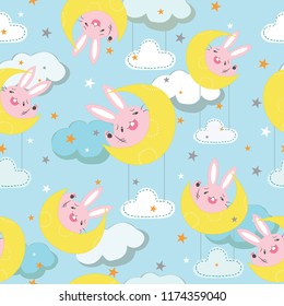 seamless pattern cute a bunny rabbit cartoon in a crescent moon,with a cloud and star, illustration vector doodle comic art.