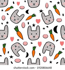 Seamless pattern with a cute bunny rabbit and Easter eggs for Happy Easterday.Hand drawn on white background.