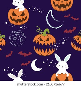 Seamless pattern cute bunny rabbit and spooky pumpkin. Halloween time. Design for wallpaper, wrapping, fabric, and all your creative project