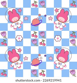 Seamless pattern of cute bunny. rabbit vector. Kawaii. Rabbit are happy on chess floor, flower, stars, sherry, astronaut,
