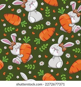 Seamless Pattern Cute Bunny Rabbit With Carrots On Green Background, Cartoon Illustration