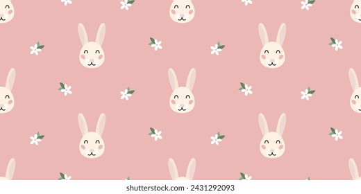 Seamless pattern with cute bunny rabbit and spring flower. Pink background for easter, nursery.