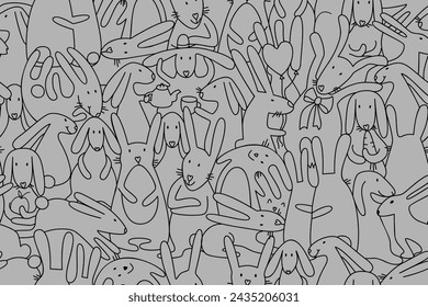 Seamless pattern with cute bunny and rabbit. Easter hare. Hand drawn sketch vector illustration. 