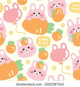 Seamless pattern of cute bunny rabbit pastel background.Face and head.Carrot,balloon,flower hand drawn.Rodent animal character cartoon design.Kawaii.Vector.Illustration.