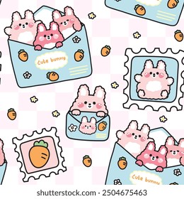 Seamless pattern of cute bunny rabbit in paper mail have carrot and flower cartoon background.Stamp.Message.Card.Rodent animal character.Kawaii.Vector.Illustration.