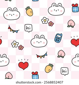 Seamless pattern of cute bunny rabbit face with tiny icon pink background.Carrot,flower,peach,heart,gift hand drawn.Animal character cartoon.Kawaii.Vector.Illustration.