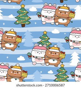 Padrão sem costura de coelho bonito coelho e ursinho de pelúcia ficar na neve e fundo de gelo.Árvore de Natal.Winter.Frozen.Wild e personagem de animal roedor cartoon.Christmas e festival de ano novo.Kawaii.Vetor