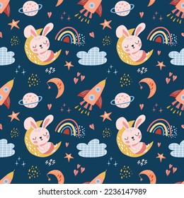 Seamless pattern with a cute bunny, rainbow, rocket, moon  in space. For textile, wallpapers, wrapping paper, prints for childrens clothing, t-shirts, childrens parties.