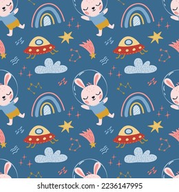 Seamless pattern with a cute bunny, rainbow, rocket, cloud, stars  in space. For textile, wallpapers, wrapping paper, prints for childrens clothing, t-shirts, childrens parties.