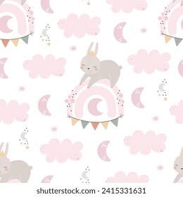 Seamless pattern with cute bunny, rainbow, decor elements. simple flat vector. Hand drawing for children. animal theme. baby design for fabric, textile, wrapper, print.	