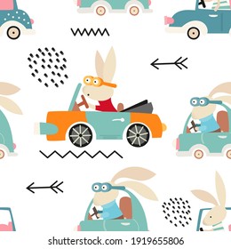 Seamless pattern. Cute bunny rides a car in cartoon style. Vector kids illustration for nursery design. Rabbits pattern for baby clothes, wrapping paper.