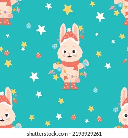 Seamless pattern with cute bunny in santa hat with Christmas garland on an emerald background with stars. Vector illustration. 2023 Year of Rabbit according to Eastern calendar. Childrens collection