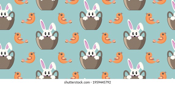 Seamless pattern with cute bunny sitting in a basket and a bird, vector
