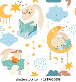 Seamless pattern with cute bunny sleeping on moon, hare reading fairy tale, rabbit pilot. Vector kids illustration for nursery design. Rabbits pattern for baby clothes, wrapping paper.