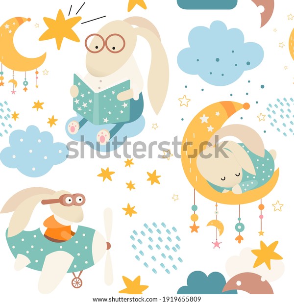 Seamless
pattern with cute bunny sleeping on moon, hare reading fairy tale,
rabbit pilot. Vector kids illustration for nursery design. Rabbits
pattern for baby clothes, wrapping
paper.