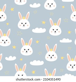 Seamless pattern with cute bunny, star and cloud. Lovely rabbit with crown on blue background. Background for baby shower, wall art, fabric, textile and invitation