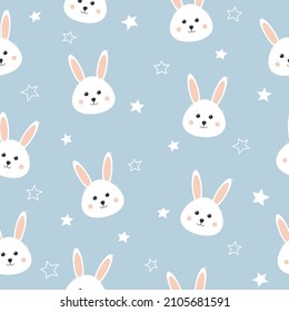 Seamless pattern with cute bunny and stars. Lovely rabbit on blue background. Background for baby shower, wall art, fabric, textile and invitation.